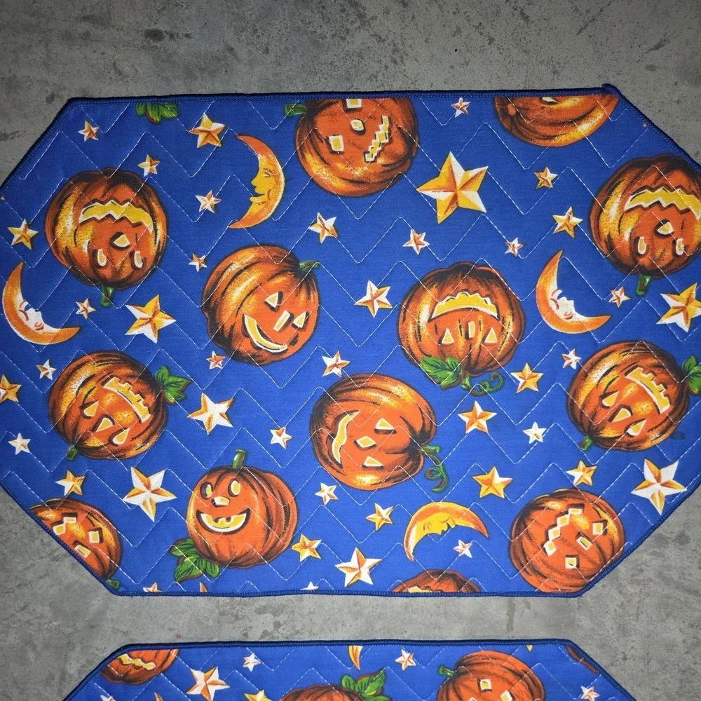 Set of 4 Vintage Halloween Jack-O'-Lantern Quilted Fabric Placemats Pumpkin Moon